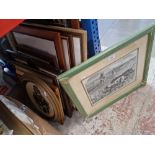 Assorted pictures and prints including an etching after Harrison Weir etc.
