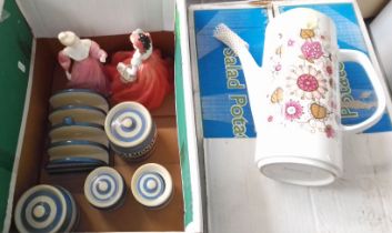 A box including TG Green storage jars, two Coalport figures and a Meakin coffee set etc.