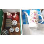 A box including TG Green storage jars, two Coalport figures and a Meakin coffee set etc.