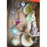 A box of ceramics including studio pottery, glassware, 2 Doulton figures, 1 Nao figure, table lamp