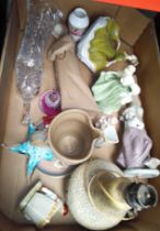 A box of ceramics including studio pottery, glassware, 2 Doulton figures, 1 Nao figure, table lamp