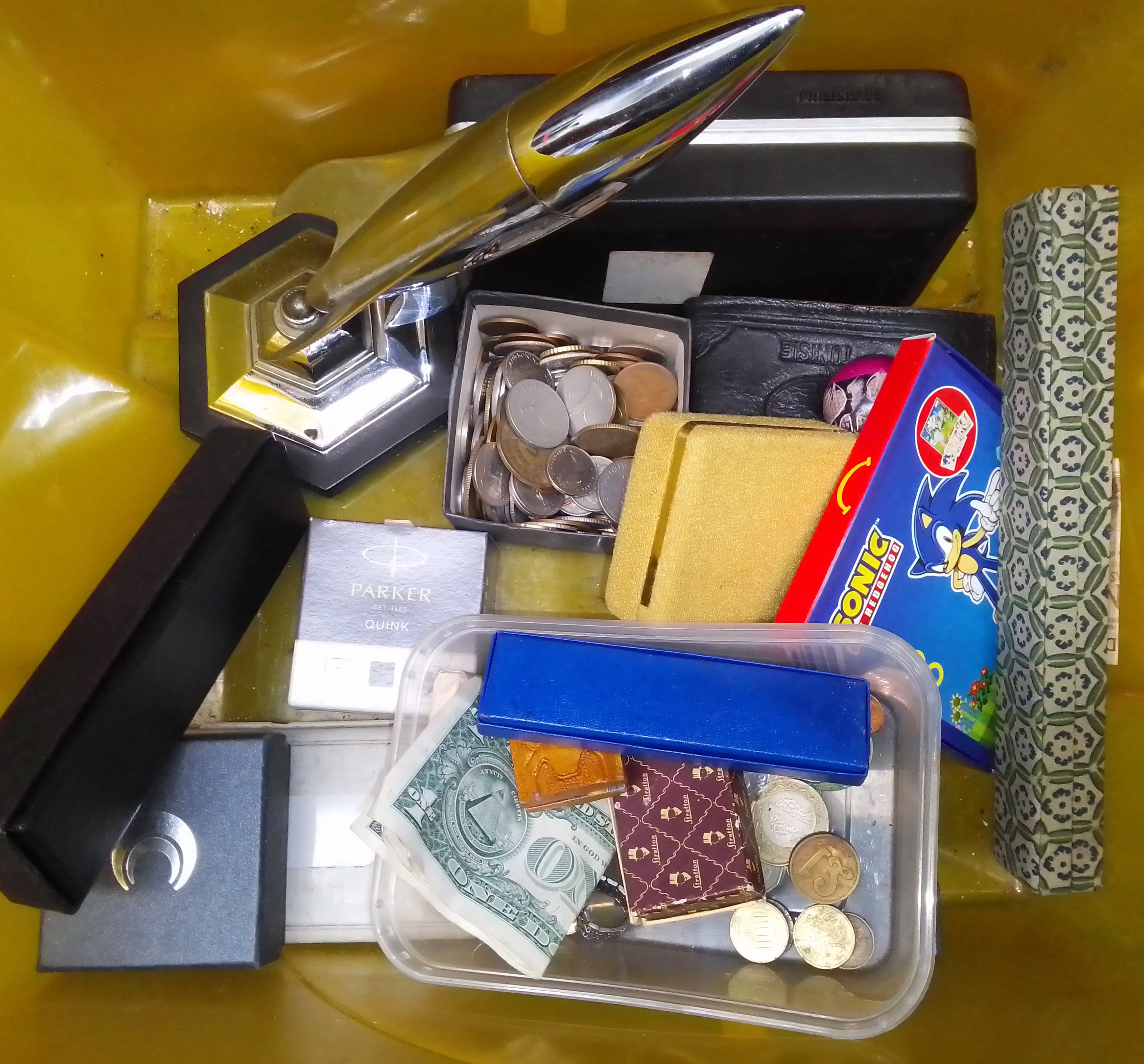 A box of collectables to include pill box, coins, rocket cigarette lighter, wallet, watches, vintage