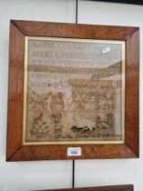A 19th century sampler, dated 1845, framed and glazed 37cm x 38cm (overall).