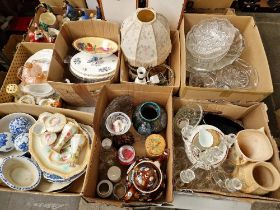 Seven boxes of assorted ceramics and glass including a bargeware teapot, blue and white, dressing