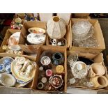 Seven boxes of assorted ceramics and glass including a bargeware teapot, blue and white, dressing