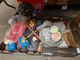A box of assorted collectables and a marble fruit bowl and fruit.