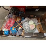 A box of assorted collectables and a marble fruit bowl and fruit.