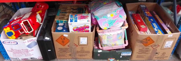 Four boxes of toys and games including Dolls crib, play pen, Scrabble, Glitter Writer, Harry