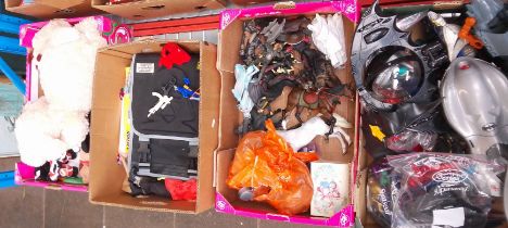 Four boxes of toys and games including soft toys, Palm Furries and Puppies, Batman plastic toys etc