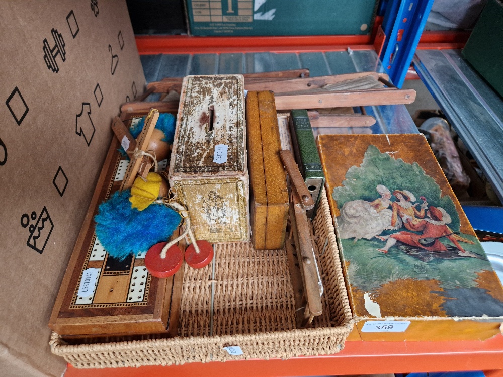 A mixed lot of items including a cribbage board, Pelham puppet, vintage jigsaw puzzle, small child's
