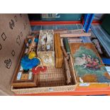 A mixed lot of items including a cribbage board, Pelham puppet, vintage jigsaw puzzle, small child's
