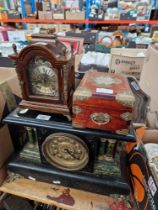 A mixed lot comprising an eastern box, two clocks, a silver plated tray and coasters.