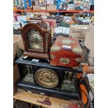 A mixed lot comprising an eastern box, two clocks, a silver plated tray and coasters.