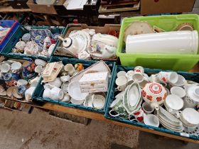 Six boxes of assorted china and pottery.