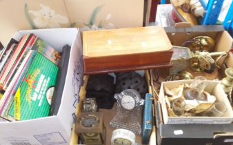 A box of brassware, Mahjong set, carriage clock, Tipperary Crystal clock, box of records etc.