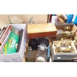 A box of brassware, Mahjong set, carriage clock, Tipperary Crystal clock, box of records etc.