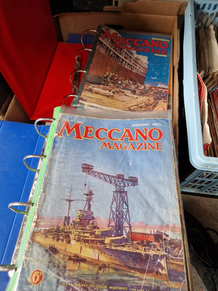 Three boxes of albums containing Meccano magazines circa 1930s and later, together with two boxes of