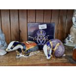 Two Royal Crown Derby paperweights; Badger, gold stopper, no box; Collectors Guild Moonlight Badger,