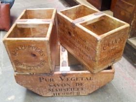 2 vintage Cox's Pippins boxes from Spitalfields Market, and a French herb basket