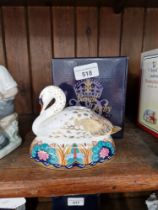 Royal Crown Derby paperweight modelled as a Swan, with stopper and original box. Red backstamp has