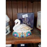Royal Crown Derby paperweight modelled as a Swan, with stopper and original box. Red backstamp has