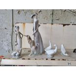 Two Lladro figures and three Nao geese All in good condition with no evidence of chips, cracks or