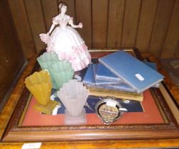 A mixed lot comprising a Coalport figurine, Art Deco glass, a pair of oriently silk pictures,