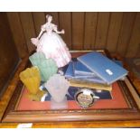 A mixed lot comprising a Coalport figurine, Art Deco glass, a pair of oriently silk pictures,