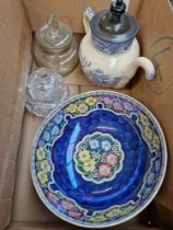 A box of assorted china & glass to include Maling & a Doulton's Willow teapot etc.