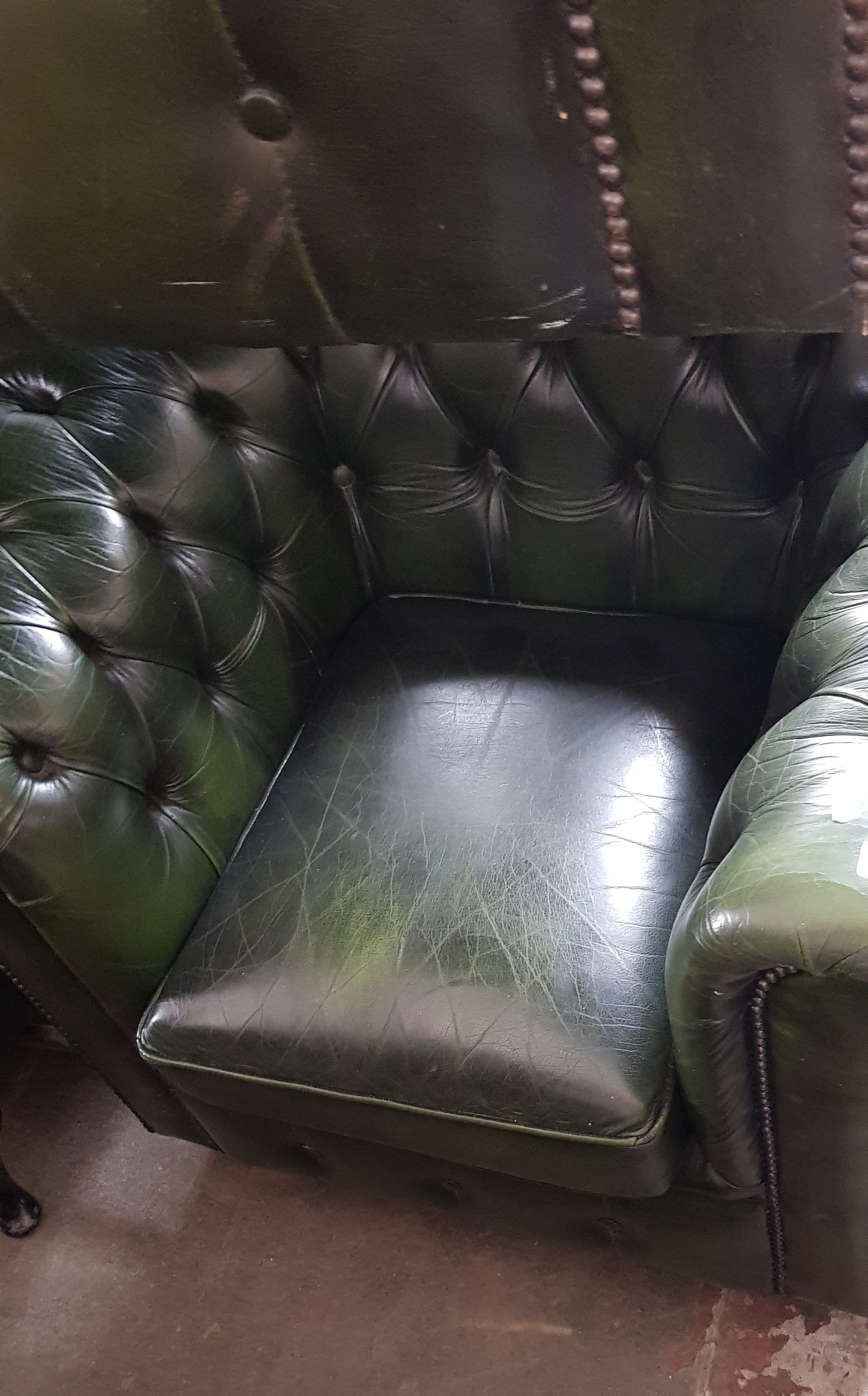 A green leather Chesterfield suite comprising three seater sofa, club chair, wingback armchair and - Image 3 of 4