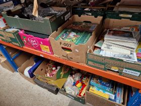 10 boxes of assorted items including auction catalogues, toys, household, comics etc. etc.