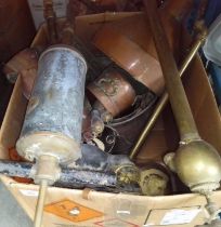 A box of brass and copper ware including brass barrel pump, PBI soil gasser, etc