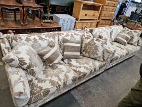 A pair of Duresta drop end sofas, upholstered in cream and grey cut velvet with feather filled