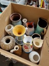 3 boxes of ceramics and some metalware. Includes studio pottery and oriental style