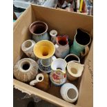 3 boxes of ceramics and some metalware. Includes studio pottery and oriental style