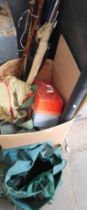 A box containing 2 fishing bags, waders, various fly fishing rods, reels, line, tackle box,