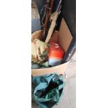 A box containing 2 fishing bags, waders, various fly fishing rods, reels, line, tackle box,