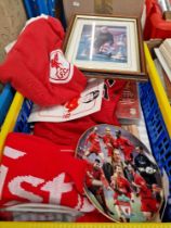 A box of Liverpool FC memorabilia including shirts, scarves, programmes, Bill Shankly photo etc.