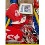 A box of Liverpool FC memorabilia including shirts, scarves, programmes, Bill Shankly photo etc.