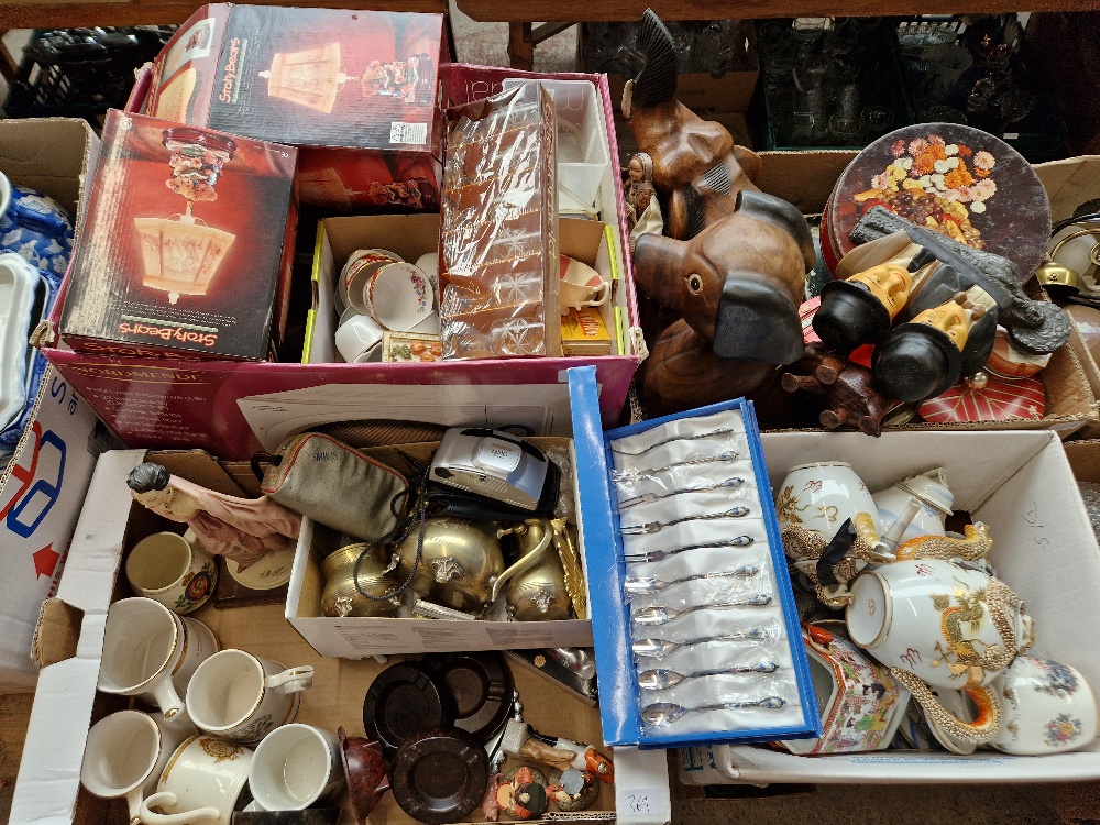 Four boxes of misc. including china and glass, Coca Cola glasses, commemorative china, cameras,