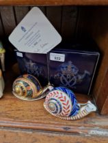 Two Royal Crown Derby paperweights. Garden Snail, limited edition issue 2824/4500, gold stopper,