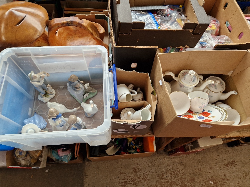 Three boxes of assorted china including six Nao figures, a Colclough china tea service etc.