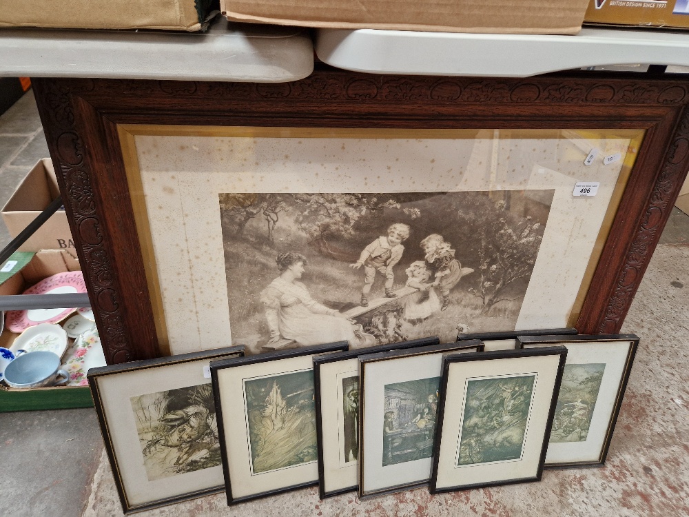 A set of seven prints after Arthur Rackham and pair of larger antique prints.