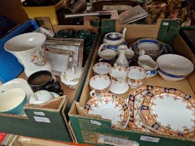 Two boxes including Aynsley, Wedgwood, Court China tea set, boxed crystal brandy glasses,