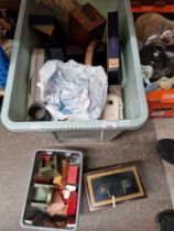 A box of assorted collectables including doll's house furniture, oor furniture, tins, boxes etc.