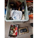 A box of assorted collectables including doll's house furniture, oor furniture, tins, boxes etc.