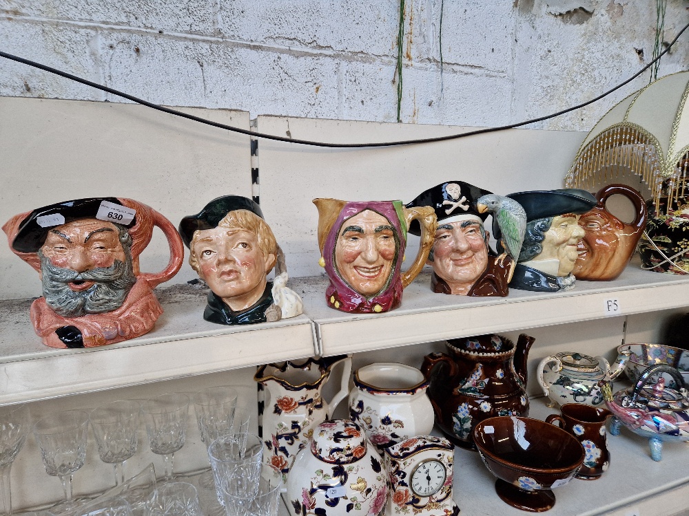 Six large Royal Doulton character jugs. Falstaff D6287 (second quality); Dick Whittington D6375;