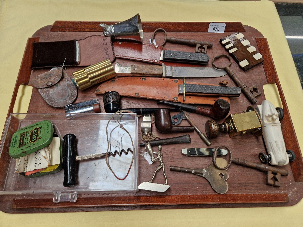 A Danish tray of assorted collectables including knives, pipes, keys, etc. etc.