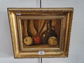 Late 19th century school, still life, oil on canvas mounted on board, 24cm x 18cm, monogrammed '