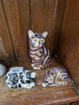 Three Royal Crown Derby paperweights. Cat, gold stopper; Sleeping Kitten, silver stopper(?),
